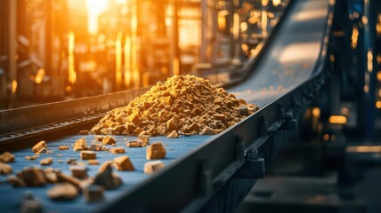 Oil shale being processed, close-up of conveyor belt carrying material, intense focus on mechanical motion, fuel processing, energy extraction