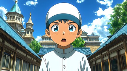 A young boy with a surprised expression, wearing a white shirt and a white cap, stands in front of a traditional building with a blue tiled roof.