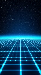 Poster - neon blue and white digital landscape grid with glowing horizon line