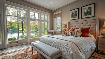 Poster - This bedroom features a cozy bed, elegant decor, and large windows with a beautiful lake view.