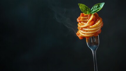 Aufkleber - A metal fork holds perfectly twirled spaghetti coated in savory tomato sauce, garnished with a fresh basil leaf for added flavor. Generative AI