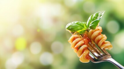 Poster - A metal fork holds twirled Italian pasta with rich tomato sauce and a fresh basil leaf, set against a vibrant, blurred background. Generative AI