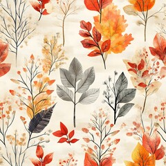 Wall Mural - Autumn Leaves Watercolor Pattern