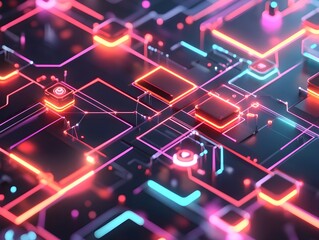 Poster - Abstract Neon Circuit Board with Glowing Lines and Shapes