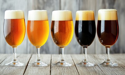 Five different beer glasses arranged on a wooden surface, showcasing a variety of colors and styles with creamy foam tops.