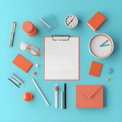 Wall Mural - Flat Lay of Office Supplies and Clock on Blue Background