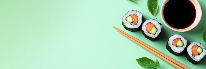 Poster - Enjoy fresh sushi rolls filled with cucumber and salmon, served with soy sauce and chopsticks against a soothing mint green backdrop. Generative AI