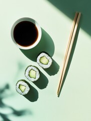 Poster - A sushi roll filled with cucumber is neatly placed beside a bowl of soy sauce and chopsticks on a vibrant surface with shadows. Generative AI