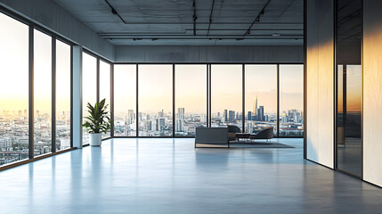 Poster - Modern office interior with large windows and city view. 3D Rendering