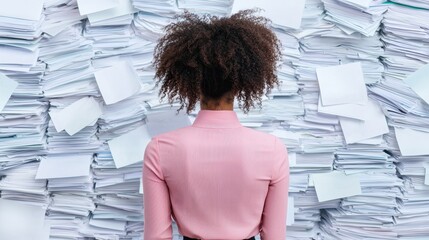 Poster - A woman with curly hair stands in front of a wall covered in disorganized papers, embodying the chaos of paperwork and the need for organization.
