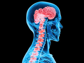Poster - A blue transparent silhouette of a human head reveals the brain and spine, illustrating anatomy and neural structures.
