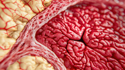 Poster - A close-up view of brain tissue, highlighting intricate textures and vascular structures in rich red and pale yellow hues.