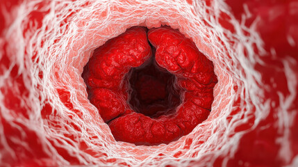 Leinwandbilder - A vibrant close-up of red tissue showcasing intricate details resembling cellular structures, possibly representing vascular or biological elements.