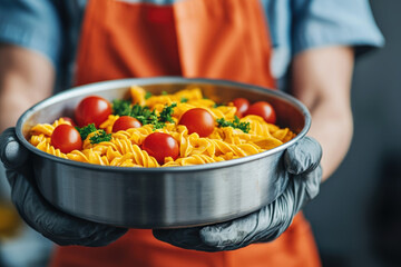 A person in an apron holds a bowl of pasta topped with cherry tomatoes and herbs, showcasing a delicious dish.