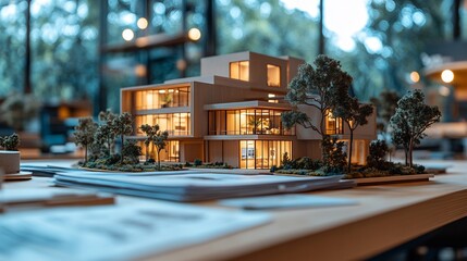 Fototapete - Modern office with a real estate agent presenting a property investment proposal to a client featuring a conference table with documents property models and financial charts