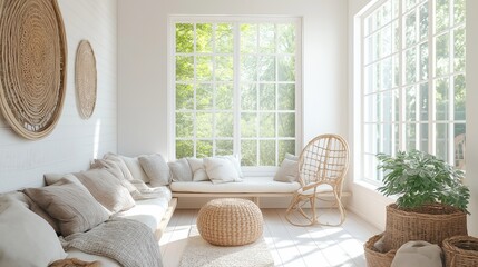 Wall Mural - A bright and airy sunroom with light wood furniture, white walls, and cozy textiles like soft pillows and woven blankets. Large windows let in natural light, making it a perfect relaxation spot.