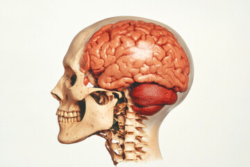 Poster - A detailed anatomical illustration showing the side view of a human skull and brain structure, highlighting the relationship between the two.