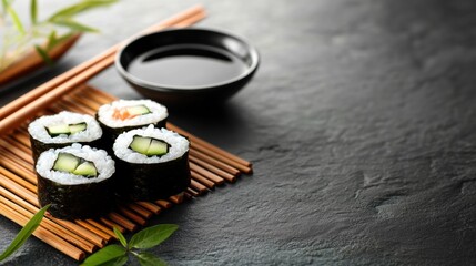 Poster - Enjoy fresh Japanese sushi rolls featuring cucumber and accompanied by soy sauce, set against a stylish dark backdrop. Generative AI