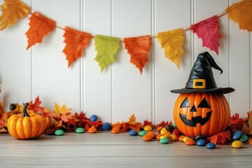 Halloween-themed party table with pumpkins, candy, and vibrant decorations, featuring a witch hat on a pumpkin and a colorful banner against a backdrop of autumn leaf garlands.