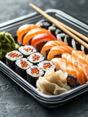 Poster - This catering platter features various sushi rolls, including salmon and eel, alongside wasabi and pickled ginger for added flavor. Generative AI