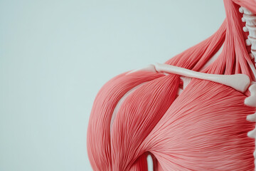 Poster - A detailed anatomical model displaying human shoulder muscles against a plain background, illustrating muscle structure and connectivity.