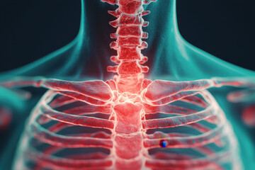 Poster - A detailed, digital depiction of a human ribcage, emphasizing the spine and highlighting the skeletal structure with glowing effects.