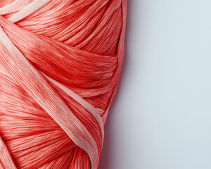 Poster - A vibrant swirl of coral yarn, softly illuminated, showcases its texture and color against a light background, ideal for knitting and craft projects.