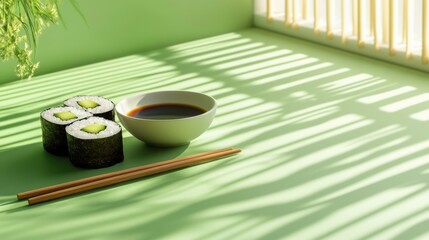 Poster - A beautiful arrangement of sushi rolls with cucumber alongside a bowl of soy sauce, presented on a fresh green background with shadows. Generative AI