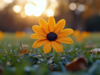 First bloom in a barren garden, vibrant flower emerging, stark contrast against minimal greenery, symbol of hope and renewal