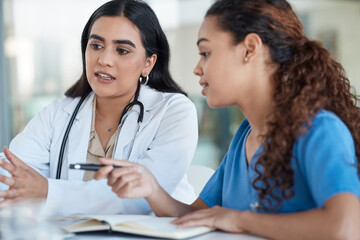 Poster - Woman, doctor and nurse meeting at desk for hospital schedule, medical advice or planning. Consultation, collaboration and professional healthcare team in workshop for agenda discussion in office