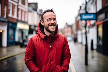 Portrait of a handsome young man in red jacket smiling at camera