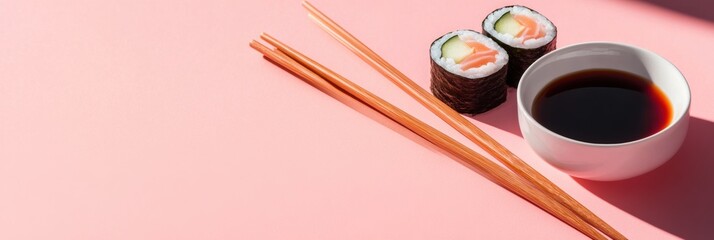 Poster - Two sushi rolls with cucumber and a bowl of soy sauce accompany chopsticks on a vibrant pastel background, inviting flavorful indulgence. Generative AI