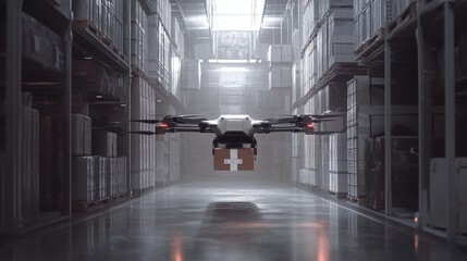 Poster - A futuristic drone transporting a package through a warehouse, capturing the evolution of logistics and delivery.