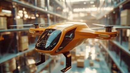 Poster - A futuristic drone transporting a package through a warehouse, capturing the evolution of logistics and delivery.