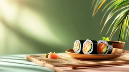 Poster - Savor the delicious sushi roll filled with cucumber, served alongside soy sauce and garnished with wasabi, set in a tranquil atmosphere. Generative AI