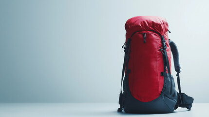 Vibrant red backpack on display against a serene blue wall, inspiring wanderlust and adventure vibes for travel enthusiasts