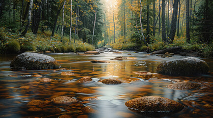 Poster - A slow-moving river winding through a quiet forest, with smooth rocks beneath the surface and soft reflections of the trees above.