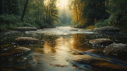 Poster - A slow-moving river winding through a quiet forest, with smooth rocks beneath the surface and soft reflections of the trees above.