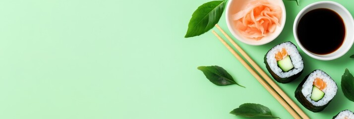 Poster - Enjoy a fresh sushi roll filled with cucumber, accompanied by soy sauce and chopsticks, elegantly arranged on a colorful background. Generative AI