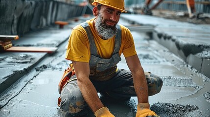 Poster - Construction worker kneeling on fresh concrete. leveling cement