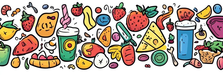 Aufkleber - A vibrant collection of doodles featuring various foods, including pizza, ice cream, fruits, and colorful beverages, all in a fun style. Generative AI