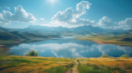 Poster - A vast lake, rolling fields, and distant mountains creating a serene and breathtaking landscape.