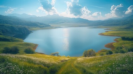 Poster - A vast lake, rolling fields, and distant mountains creating a serene and breathtaking landscape.
