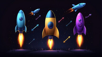 Four cartoon rockets with flames and arrows on a dark background, symbolizing upward growth and achievement.