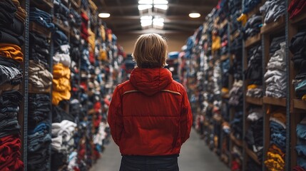 Poster - person arranging donated clothes in a community storage area emphasizing recycling and organization