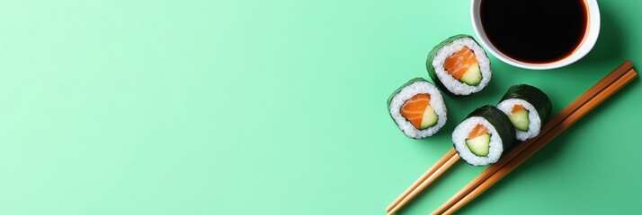 Poster - A visually appealing sushi roll with fresh cucumber and tasty fillings, accompanied by a bowl of soy sauce and chopsticks on a green backdrop. Generative AI