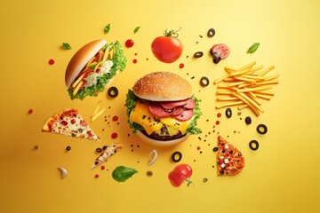 Aufkleber - Colorful fast food elements like burgers, fries, and pizza spread out against a lively yellow backdrop, creating a fun and playful display. Generative AI