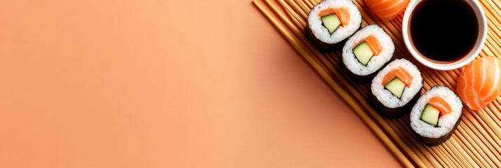 Poster - A beautifully arranged sushi roll featuring cucumber, served with soy sauce on a colorful background, ideal for sushi enthusiasts. Generative AI