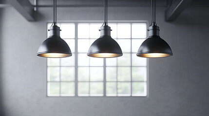 Sticker - Three hanging metal lamps illuminating a grey loft interior. 3D Rendering