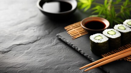 Poster - Delicious cucumber sushi rolls arranged neatly on a slate platter accompanied by a soy sauce bowl and chopsticks on a colorful backdrop. Generative AI